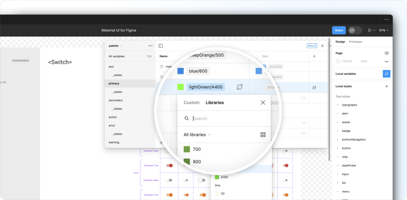 The Local variables menu in Figma, where all design tokens are stored and new ones can be added.